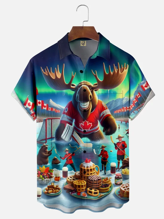 Moisture Wicking Canada Day Elk Groundhog Chest Pocket Hawaiian Shirt
