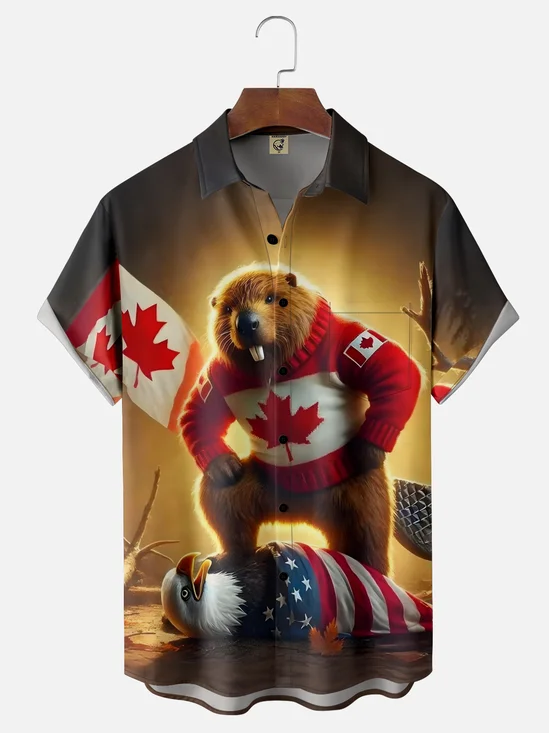 Moisture Wicking Canada Groundhog Beaver Maple Leaf American Eagle Chest Pocket  Hawaiian Shirt