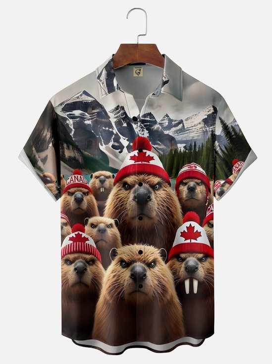 Moisture Wicking Canada Groundhog Beaver Maple Leaf Chest Pocket  Hawaiian Shirt