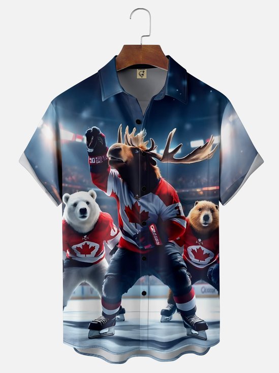 Moisture Wicking Canada Elk Groundhog Beaver Maple Leaf Chest Pocket  Hawaiian Shirt
