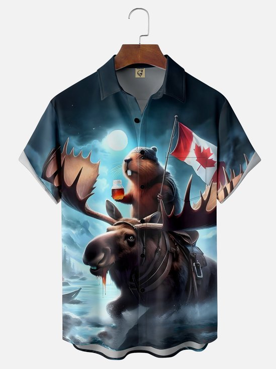 Moisture Wicking Canada Groundhog Beaver Maple Leaf Chest Pocket Hawaiian Shirt