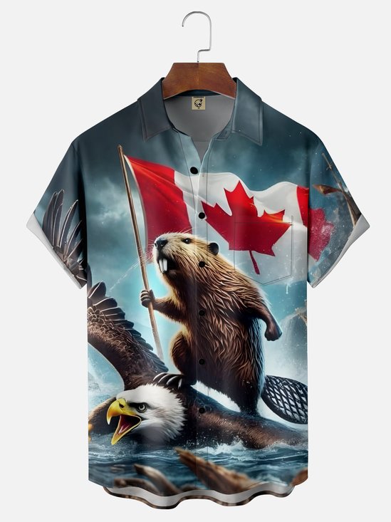 Moisture Wicking Canada Groundhog Beaver Maple Leaf Chest Pocket  Hawaiian Shirt