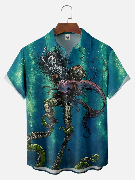 Hardaddy X Artist David Lozeau Big Size Moisture Wicking Skull Ocean Animal Illustration Chest Pocket Hawaiian Shirt