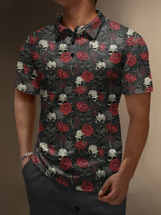 Moisture Wicking Rock Punk Skull Rose Short Sleeve Golf Polo