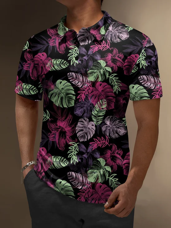Moisture Wicking Gradient Color Tropical Plants Palm Leaves Short Sleeve Golf Polo