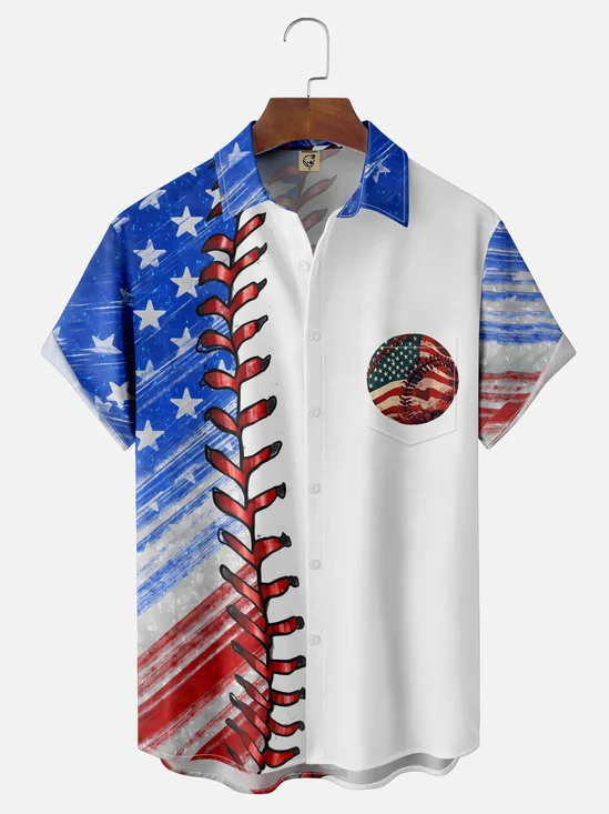 Moisture-wicking Baseball American Flag Chest Pocket Casual Shirt