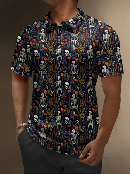 Moisture Wicking Skull Flower Short Sleeve Golf Polo