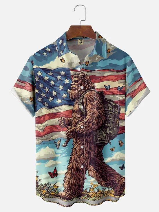 Moisture-wicking American Flag Bigfoot Chest Pocket National Patriotic Shirt