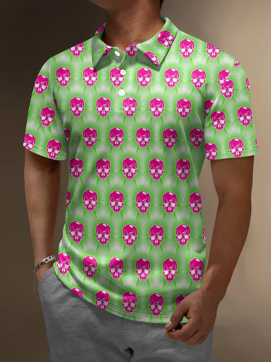 Moisture Wicking Rock Punk Gradient Color Skull Short Sleeve Golf Polo