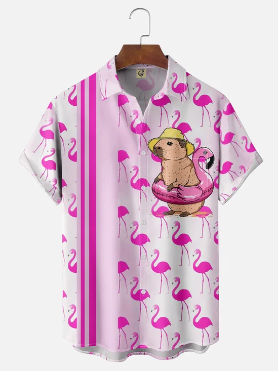 Hardaddy X Kimprut Imut Moisture Wicking Flamingo Capybara Chest Pocket Bowling Shirt