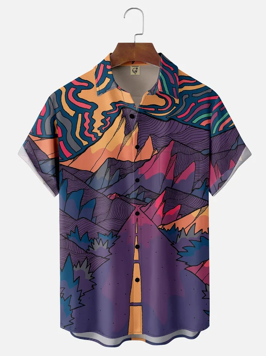 Hardaddy X Artist Stephen Wade Moisture-wicking Geomatric Mountain Chest Pocket Hawaiian Shirt