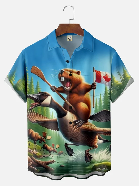 Big Size Moisture Wicking Canada Groundhog Maple Leaf Chest Pocket  Hawaiian Shirt
