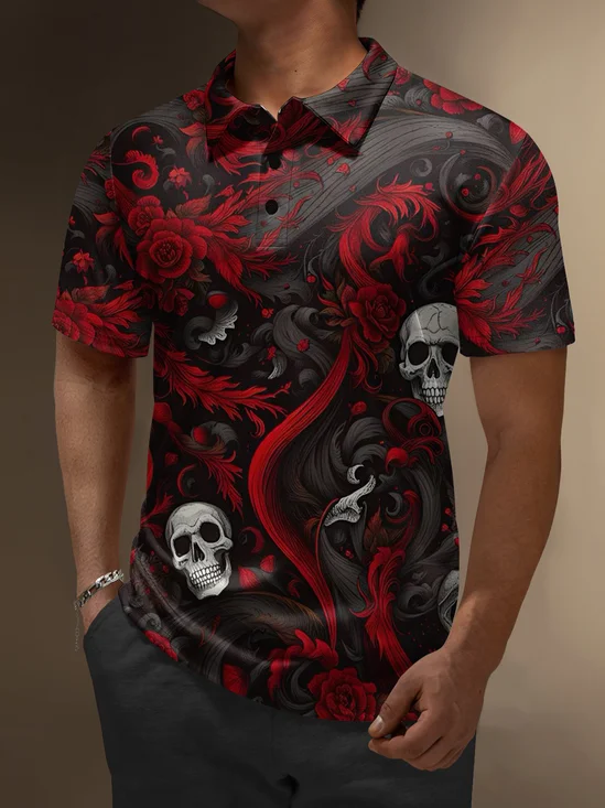 Moisture Wicking Rock Punk Skull Rose Short Sleeve Golf Polo
