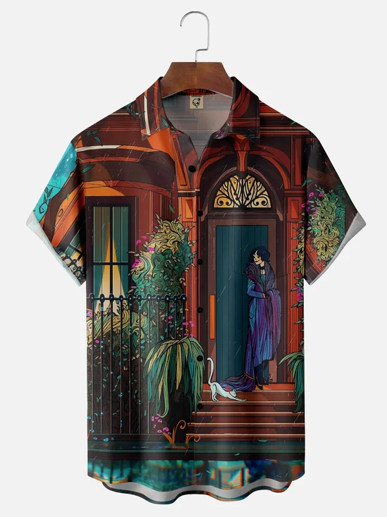 Moisture-wicking Art Retro Character Illustration Landscape Chest Pocket Casual Shirt