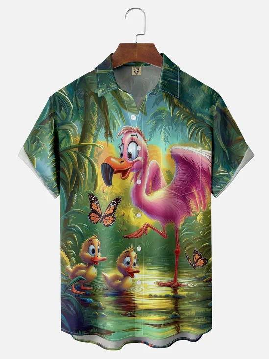 Moisture-wicking Flamingo Funny Shock Art Chest Pocket Hawaiian Shirt