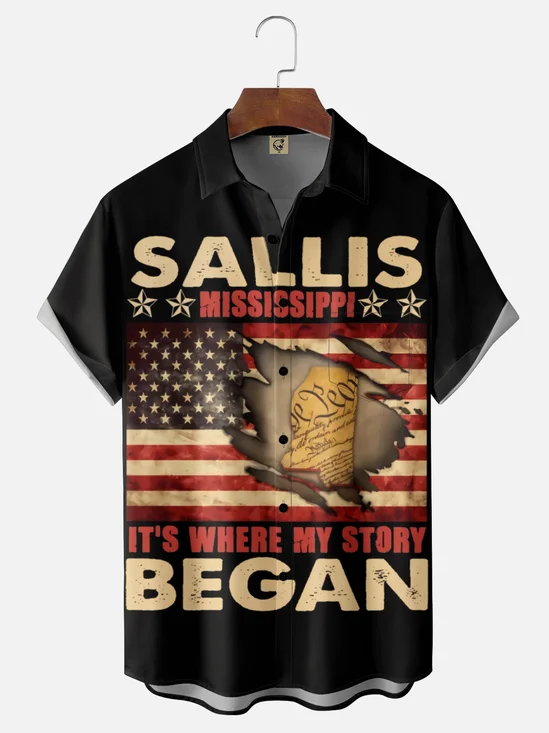 Moisture-Wicking Sallis Mississippi IT's Where My Story Began American Flag Chest Pocket Hawaiian Shirt