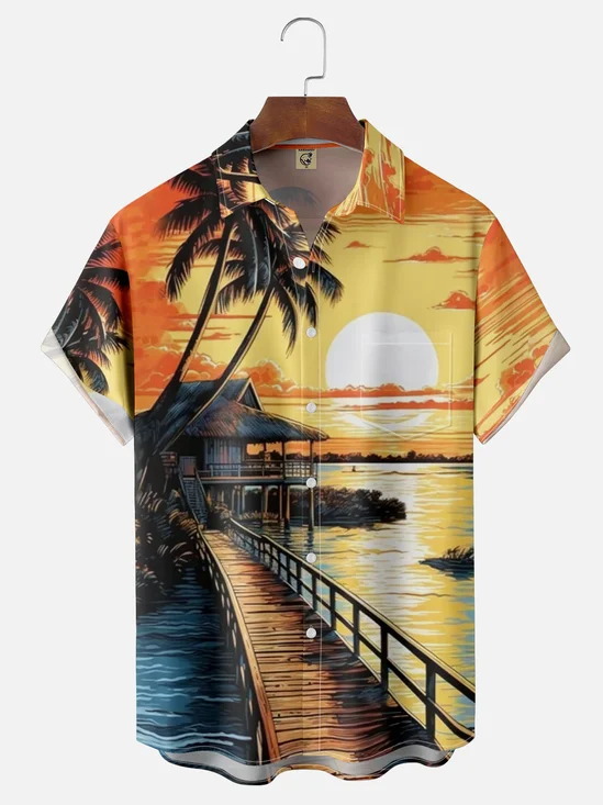 Moisture-wicking Sunset Gold Beach Chest Pocket Hawaiian Shirt