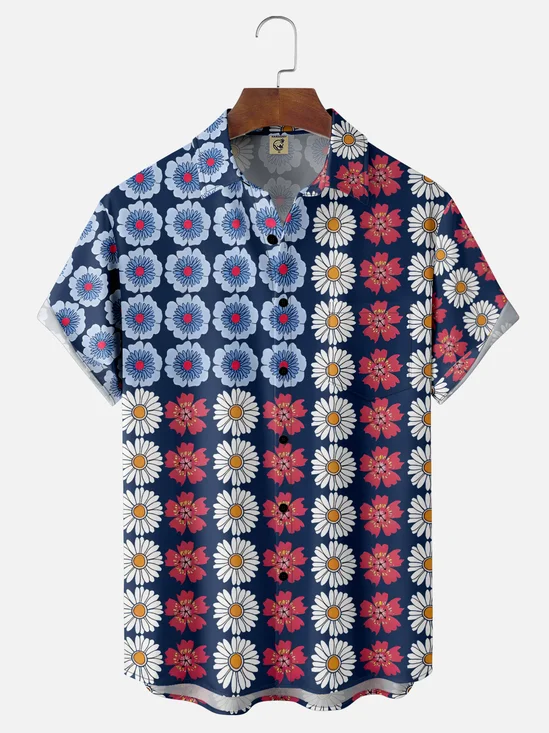 Moisture Wicking Floral American Flag Chest Pocket Hawaiian Shirt