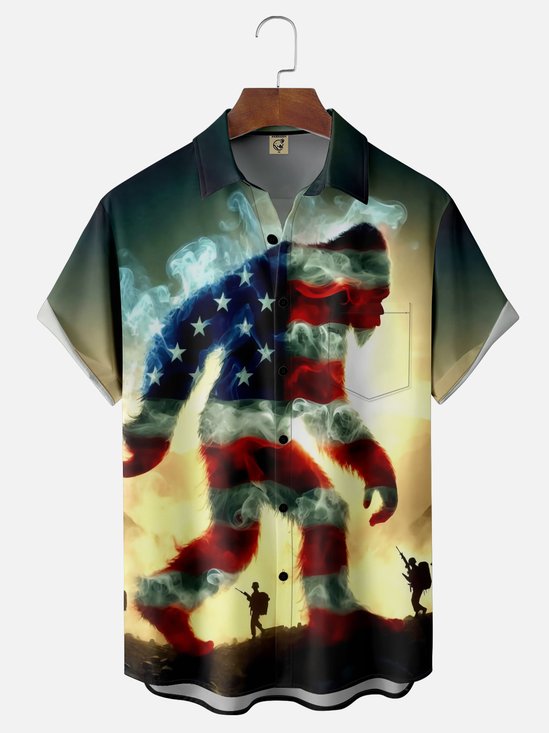 Moisture Wicking American Flag Gradient Bigfoot Independence Day Chest Pocket Hawaiian Shirt