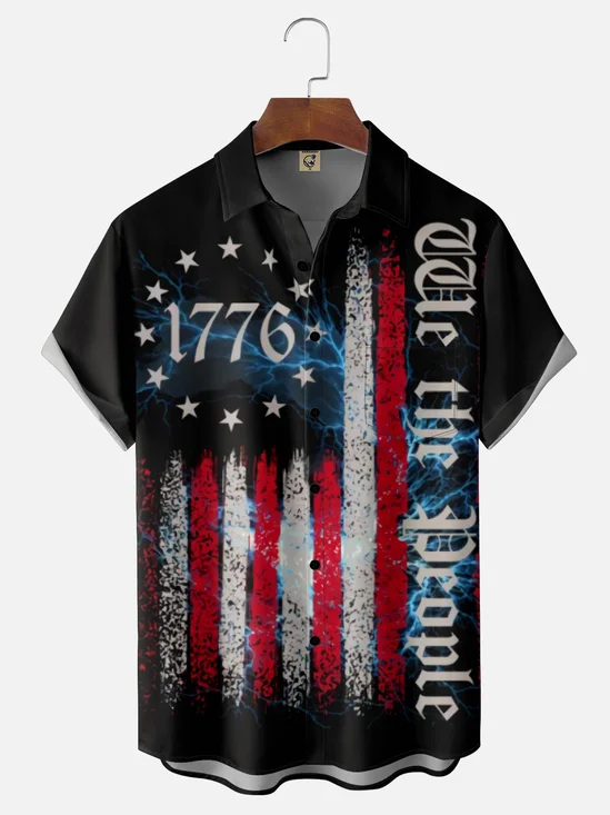 Moisture Wicking 1776 Independence Day American Flag Chest Pocket Hawaiian Shirt