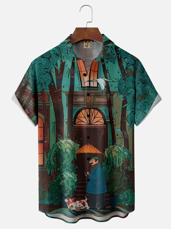 Moisture-wicking Art Illustration Landscape Chest Pocket Casual Shirt