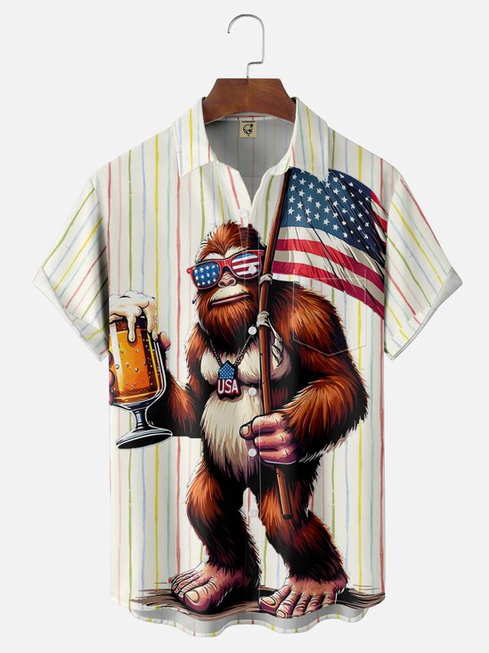 Moisture-wicking American Flag Bigfoot Beer Stripes Chest Pocket Casual Shirt
