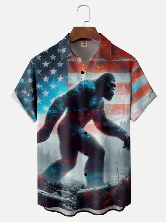 Moisture-wicking American Flag Bigfoot Art Independence Day Chest Pocket Casual Shirt