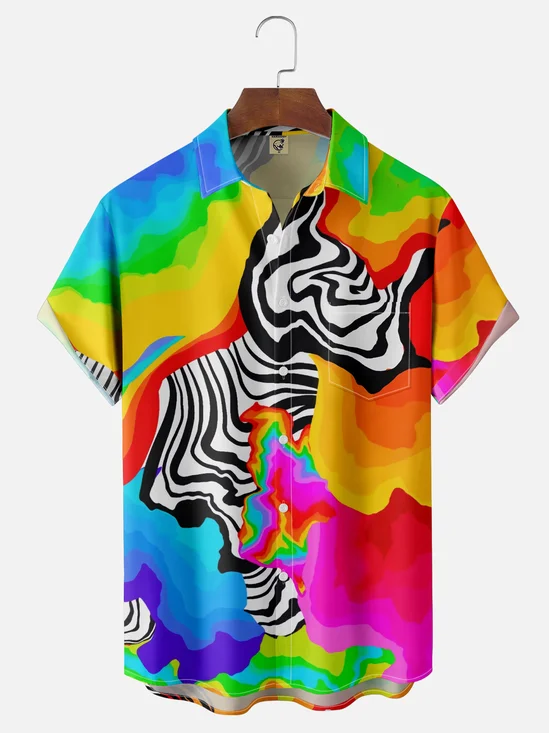 Moisture-Wicking Abstract Gradient Color Geometric Chest Pocket Hawaiian Shirt
