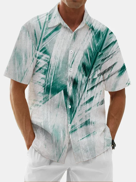 Moisture Wicking Tropical Leaves Chest Pocket Hawaiian Shirt