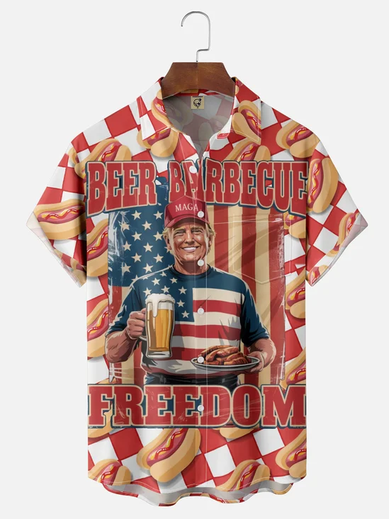 Moisture Wicking Beer BBQ Hot Dog Trump American Bay Chest Pocket Hawaiian Shirt