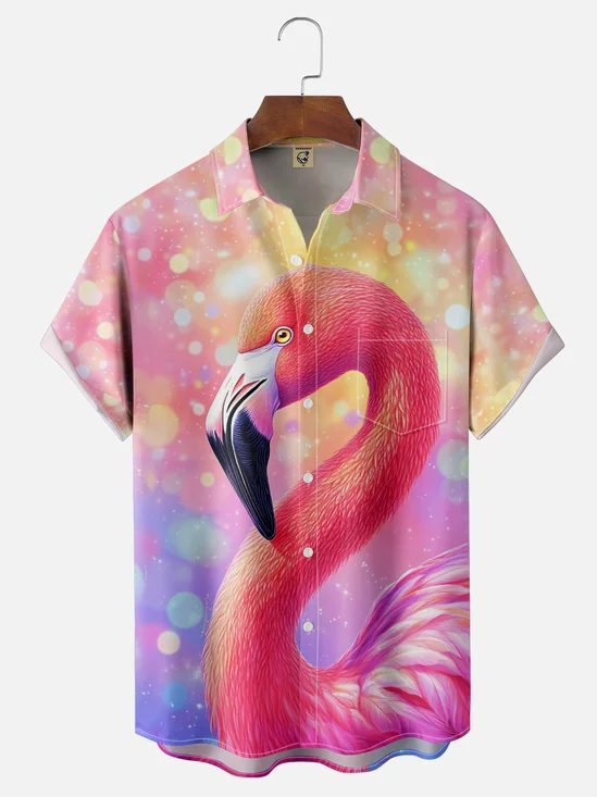 Moisture Wicking Ombre Flamingo Chest Pocket Hawaiian Shirt