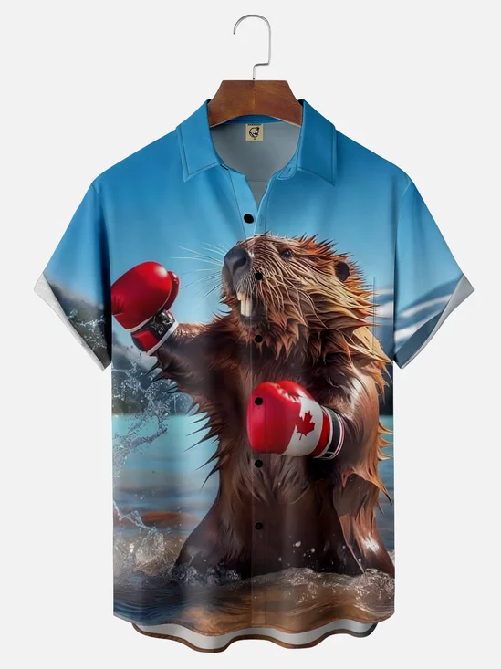 Moisture-wicking Canada Day Beaver Boxing Chest Pocket Casual Shirt