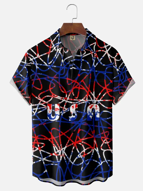 Moisture Wicking Gradient Geometric USA Chest Pocket Hawaiian Shirt