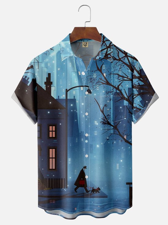 Moisture-wicking Art Retro Street Night Scene Illustration Chest Pocket Casual Shirt