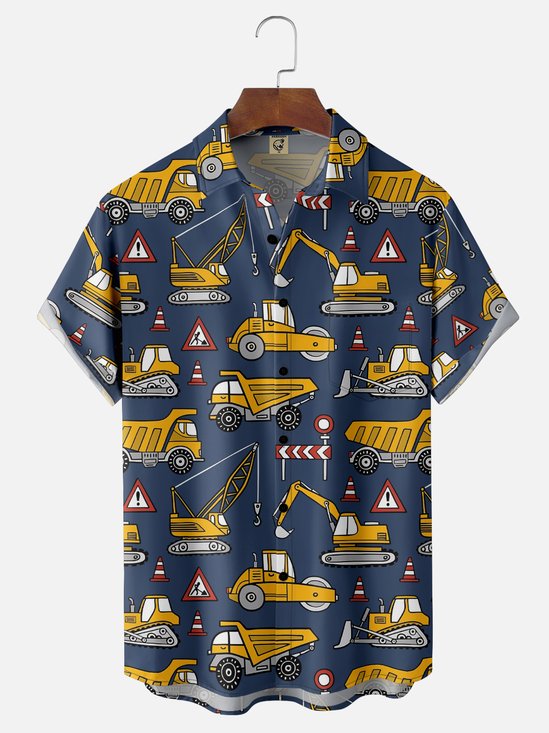 Moisture-wicking Excavator Fun Print Chest Pocket Casual Shirt