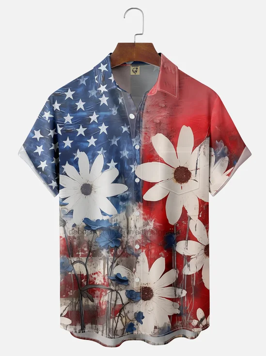 Moisture-wicking American Floral Art Independence Day Chest Pocket Casual Shirt