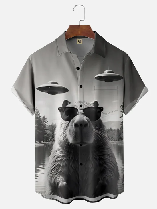 Moisture Wicking Alien Spaceship Capybara Chest Pocket Hawaiian Shirt