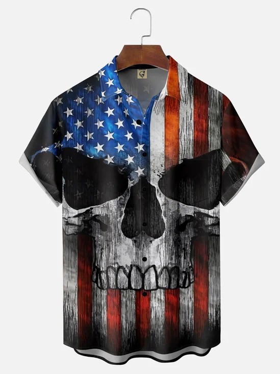 Moisture-wicking American Flag Skull Art Independence Day Chest Pocket Casual Shirt