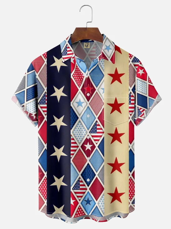 Moisture-wicking American Flag Stars Art Independence Day Chest Pocket Bowling Shirt