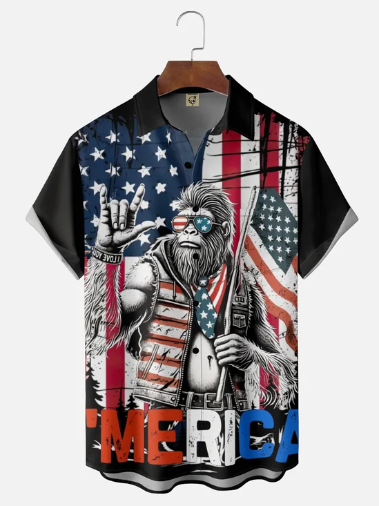 Moisture Wicking American Flag Bigfoot Chest Pocket Hawaiian Shirt