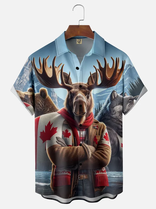 Moisture-wicking Canada Day Reindeer Maple Leaf Chest Pocket Casual Shirt