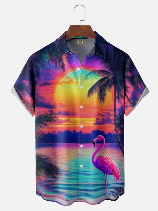 Moisture Wicking Ombre Flamingo Beach Chest Pocket Hawaiian Shirt