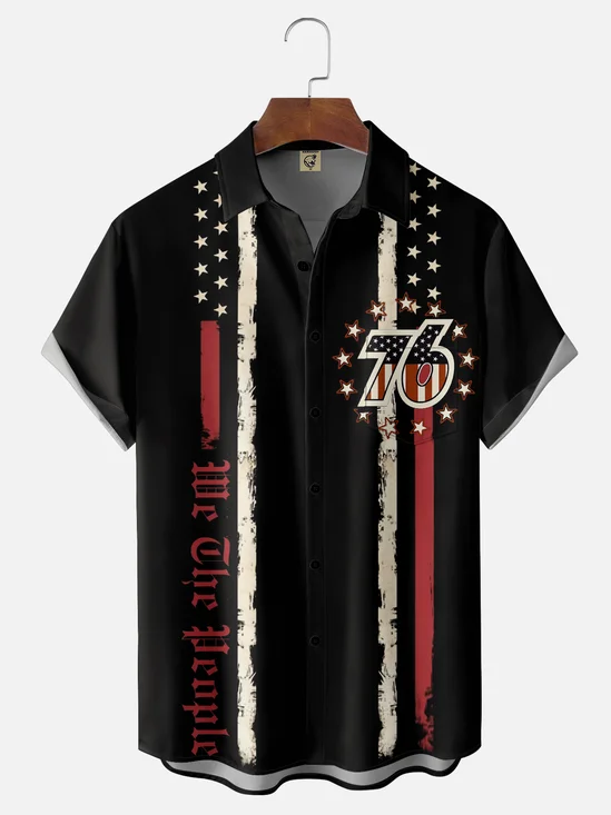 Moisture Wicking 1776 Independence Day American Flag Chest Pocket Bowling Shirt