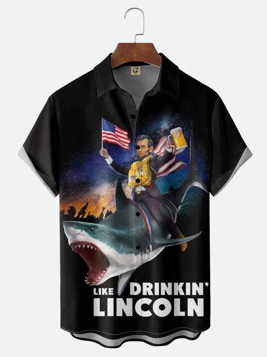 Moisture Wicking Lincoln Shark American Flag Chest Pocket Hawaiian Shirt