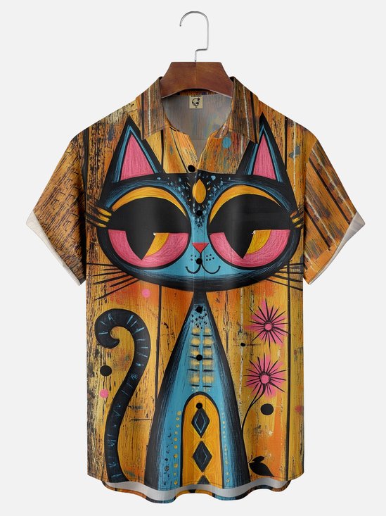 Moisture-wicking Art Abstract Cat Chest Pocket Casual Shirt