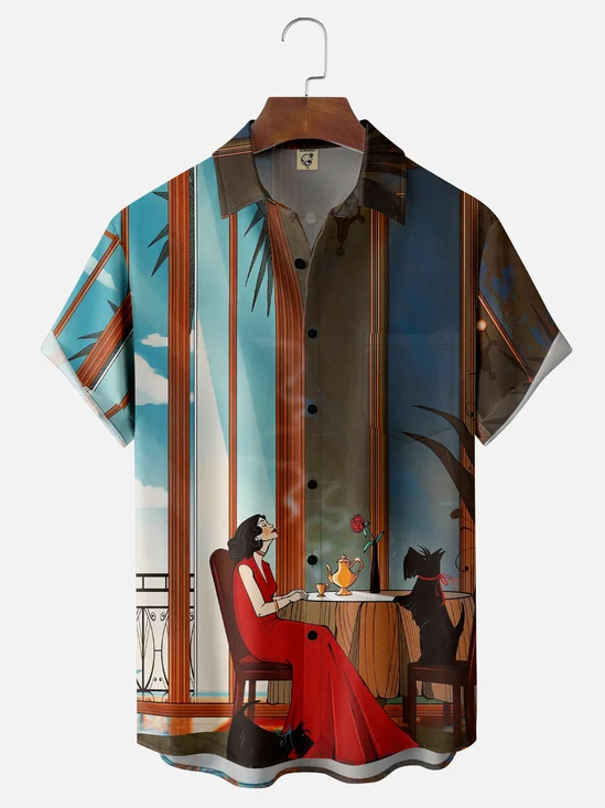 Moisture-wicking Art Retro Character Girl Illustration Chest Pocket Casual Shirt