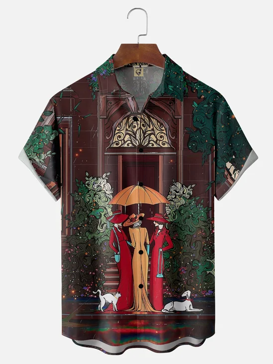 Moisture-wicking Art Retro Girl Illustration Chest Pocket Casual Shirt