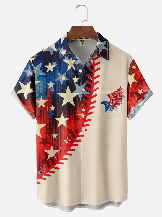 Moisture-wicking American Flag Stitching Art Independence Day Chest Pocket Bowling Shirt