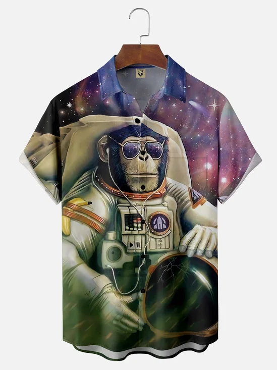 Moisture Wicking Orangutan Astronaut Chest Pocket Hawaiian Shirt