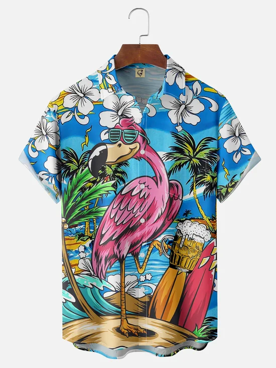 Tall Size Moisture-wicking Flamingo Chest Pocket Hawaiian Shirt